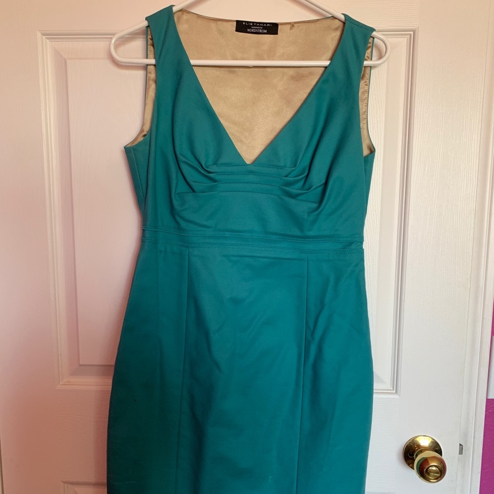 Deep teal v-neck fitted dress